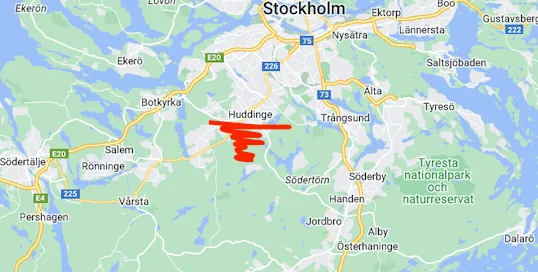 karta över vart Huddinge ligger i förhållande till Stockholm